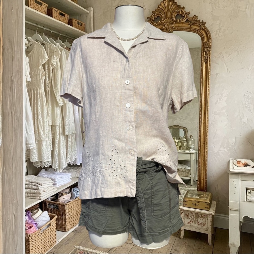 Vintage Beige Linen Button Up Shirt Minimalist